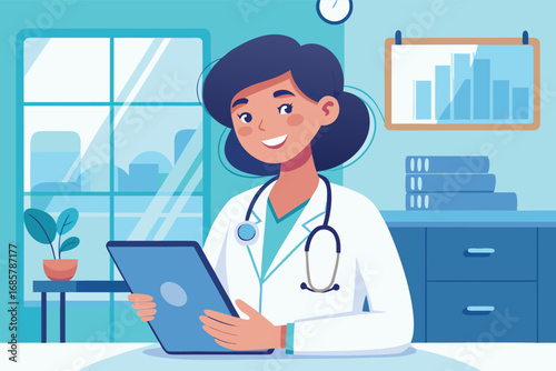 Healthcare professional using tablet in modern clinic setting with detailed background
