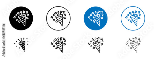 Confetti popper icons set in black and blue colors on white background