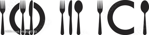 fork knife spoon plate, dining cutlery silhouette, kitchen utensil vector, restaurant tableware icon, food service design, black white illustration