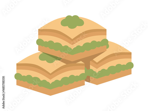 Three delicious pieces of baklava dessert with pistachios