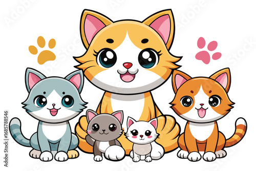 A group of adorable cartoon cats and kittens is gathered, showcasing various colors and expressions