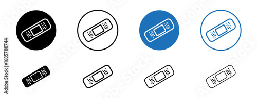 Medical patch icons set in black and blue colors on white background