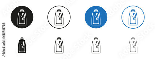 liquid detergent icons set in black and blue colors on white background
