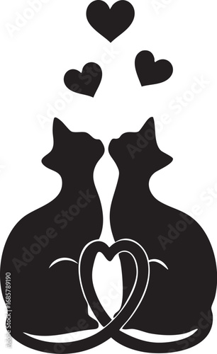 Adorable couple of cats in love with hearts, a romantic animal silhouette, and a feline valentine symbol.

