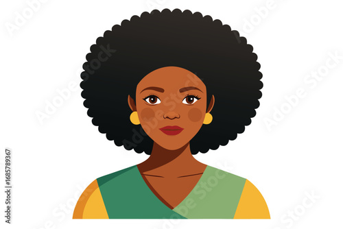 Portrait of a woman with an afro hairstyle in a colorful outfit expressing confidence and grace