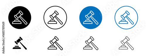 Law icons set in black and blue colors on white background