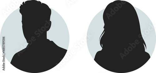 man and woman silhouette, profile avatar icon, anonymous portrait, black vector design, business profile, social media, identification symbol