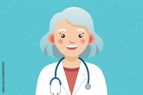 Experienced healthcare professional smiling warmly in a light blue background