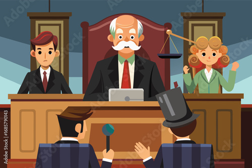 Courtroom drama unfolds with a judge presiding over a case involving two lawyers