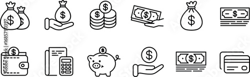 Money finance icon set, banking and payment symbols, wallet, piggy bank, dollar bag, cash, savings, currency, budget, credit card