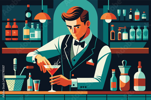Bartender prepares a cocktail at a stylish bar in a vibrant nightlife setting