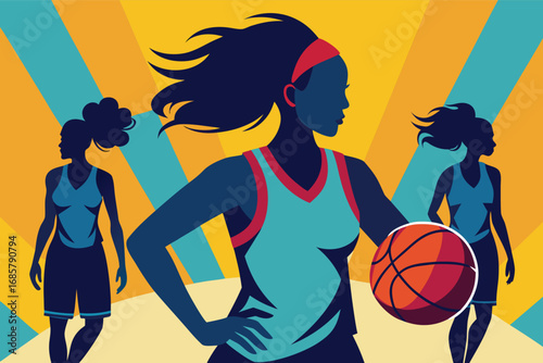 Female basketball players displaying teamwork and athleticism in vibrant colors