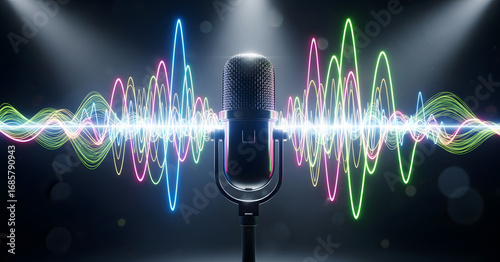Photo of vintage microphone with colorful sound waves