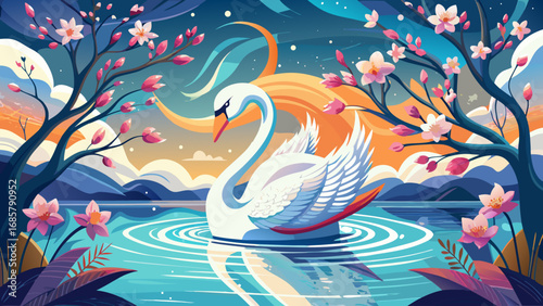 On the shimmering water, a graceful swan drifts calmly. Around it, colorful birds rest on branches, while ripples sparkle, weaving together blossoms, wings, and reflections in one tranquil vision.