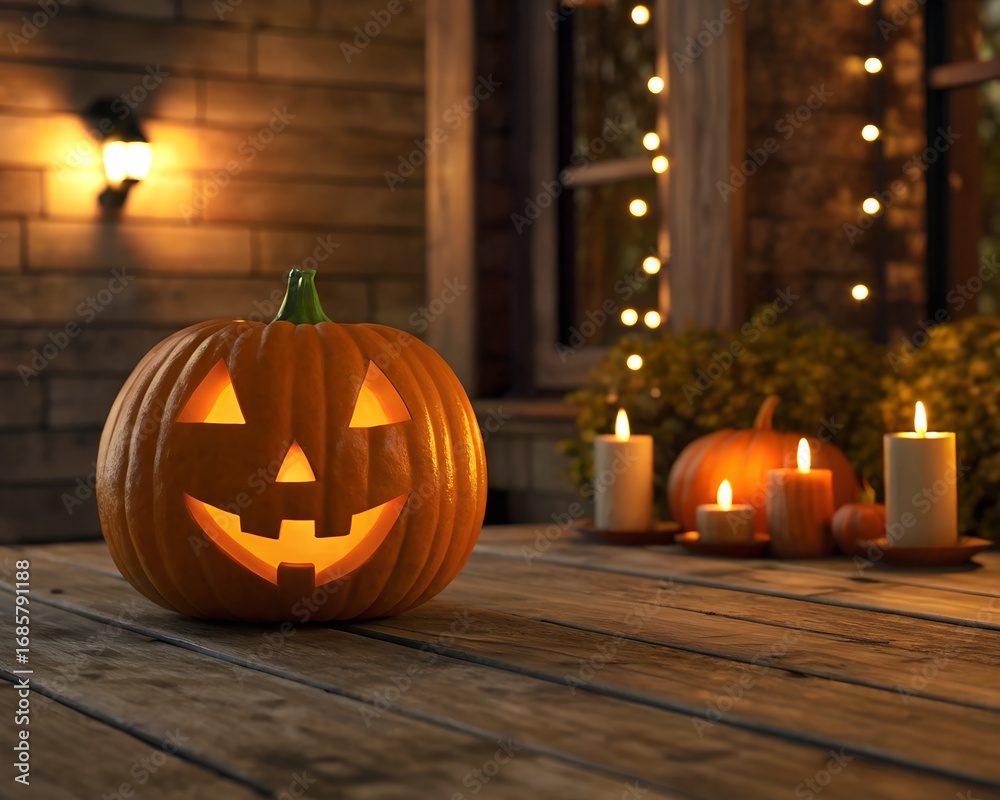 Obraz premium halloween zoom background and wallpaper. Carved Halloween pumpkin with candles on porch jack-o-lantern