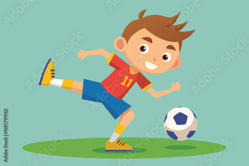Young boy playing soccer on a green field during a sunny day