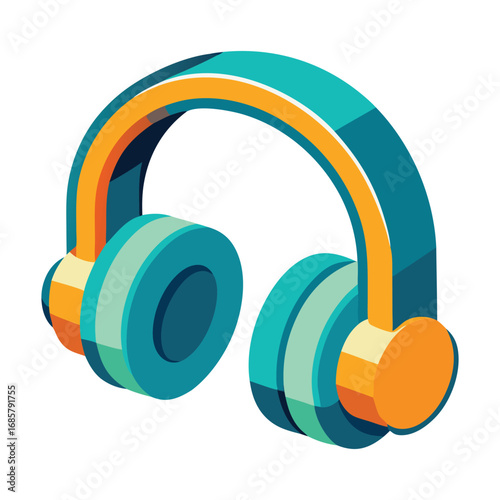 Isometric Teal and Orange Headphones on White Background audio music