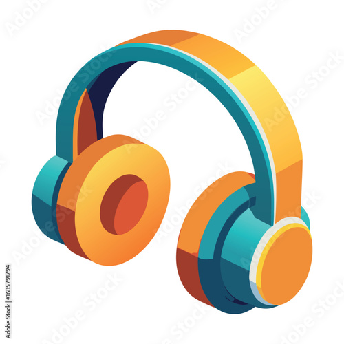 Isometric Orange and Teal Headphones on White Background audio music