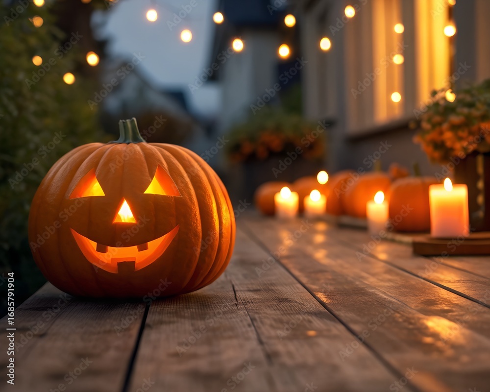 Obraz premium halloween zoom background and wallpaper. Glowing Jack-o-lantern on a wooden deck with string lights