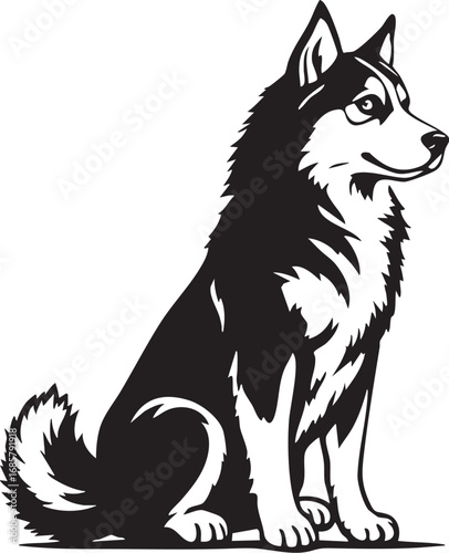Black and white husky dog sitting, a loyal pet and sled dog breed, and a stylized canine.

