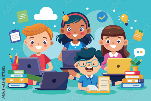 Four children engaged in online learning with laptops and books in a bright classroom setting