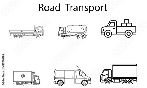 Set of Road Transport Vehicles, Vector Collection of Road Transport Vehicles, Flatbed truck, Tanker truck, Pickup truck with boxes, Refrigerated truck, Delivery van, Box truck. 