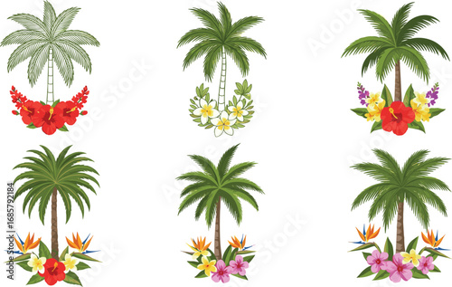 Tropical palm tree illustrations with vibrant exotic flowers, hibiscus, plumeria, bird of paradise, summer beach design, botanical nature art collection