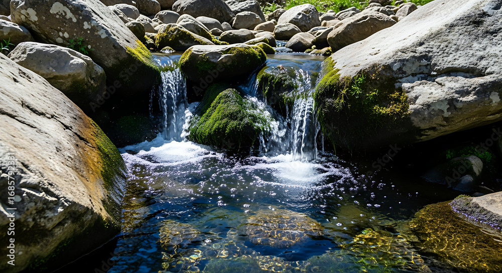 Fototapeta premium A scenic view of a small waterfall cascading over moss covered rocks in a clear mountain stream ai generated