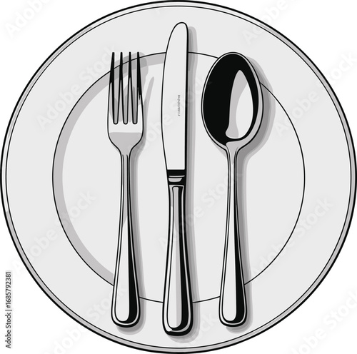 plate with fork knife spoon, dining cutlery vector, kitchen utensil silhouette, restaurant tableware design, food service illustration, black white