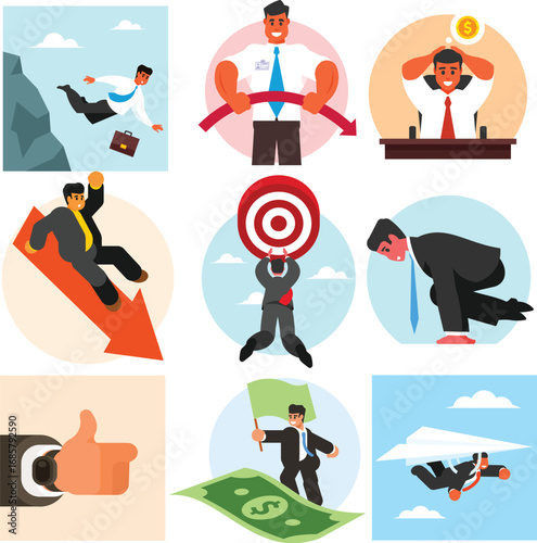 Business success and failure concept illustration set