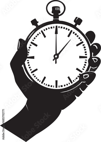 Human hand holding a stopwatch, timer, timekeeping tool, and chronometer for speed, racing, and sports.

