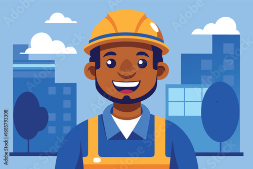 Construction worker smiling in city landscape during bright day