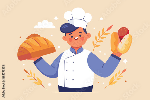 Baker proudly displaying freshly baked bread and pastries in a cheerful kitchen environment
