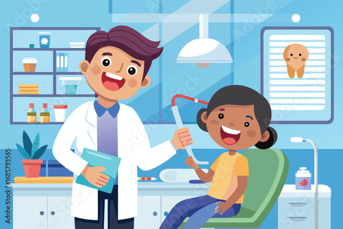 Friendly dentist provides care for child in a colorful clinic during daytime visit
