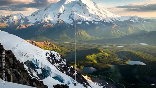 Breathtaking aerial footage of Denali mountain, showcasing snow-covered peaks and stunning Alaskan