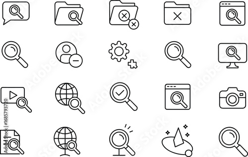 Search icons collection, magnifying glass, web browser, document, folder, globe, settings, video, computer, user profile, camera, exploration, zoom