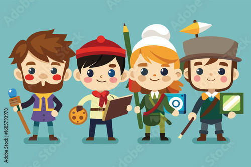 Four playful characters showcase their unique talents in a colorful illustration