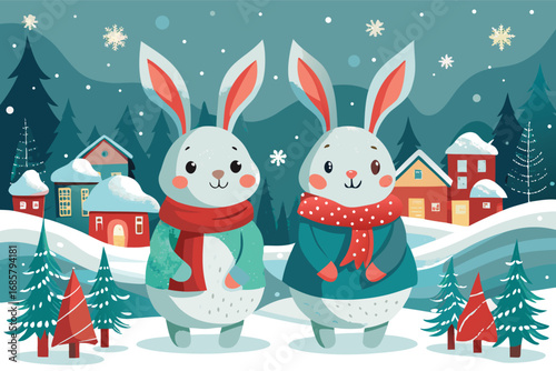 Winter scene with cheerful rabbits wearing scarves in a snowy village setting