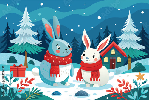 Friendly rabbits enjoying a snowy landscape during winter festivities in a colorful setting