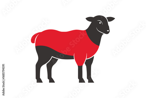 Silhouette of a sheep wearing a bright red coat standing against a plain background