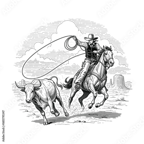 Vintage cowboy roping cattle western engraving vector illustration