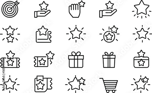 Star icons, reward outline, achievement vector, rating symbol, gift box, shopping cart, success, loyalty program, quality badge, editable stroke