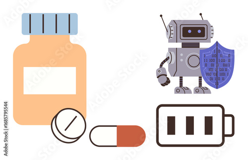Robot holding shield, battery level icon, medication bottle, tablet, and capsule. Ideal for AI in healthcare, robotics, medical innovation, health technology protection energy and digital