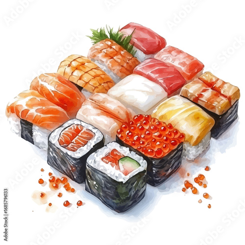 watercolor vector of Sushi, isolated on a white background.