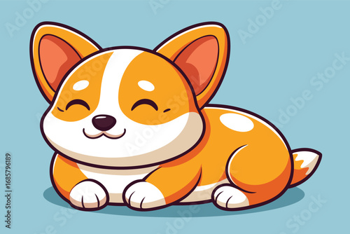 Happy corgi relaxing with a joyful expression in a bright, colorful setting