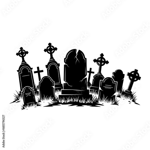 Vector art of silhouette of a graveyard with many tombstones