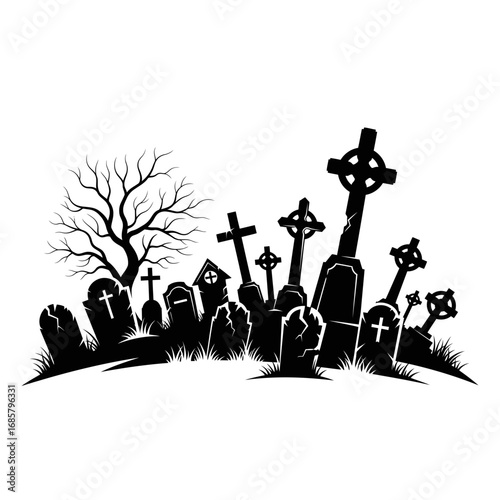 Vector art of silhouette of a graveyard with tree and tombstones