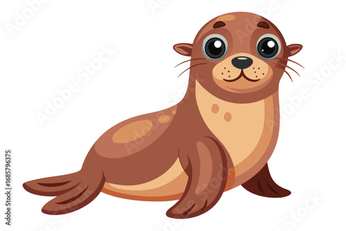 Cute cartoon seal relaxing on a sunny beach in a cheerful atmosphere
