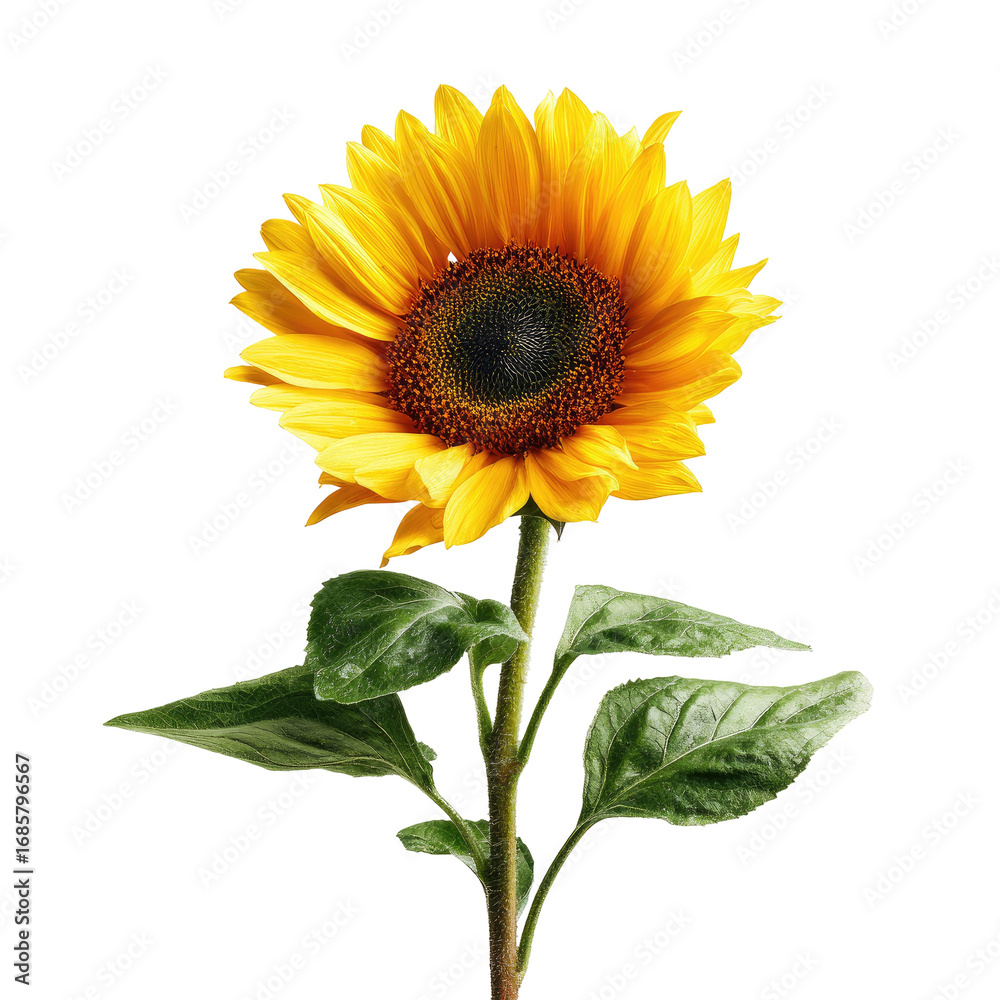 Fototapeta premium Close-up of a vibrant sunflower, radiant yellow petals surrounding a dark brown disk center. Green leaves accentuate the stem