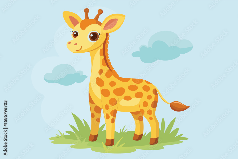 Fototapeta premium Cute cartoon giraffe standing on grass under a clear sky with fluffy clouds